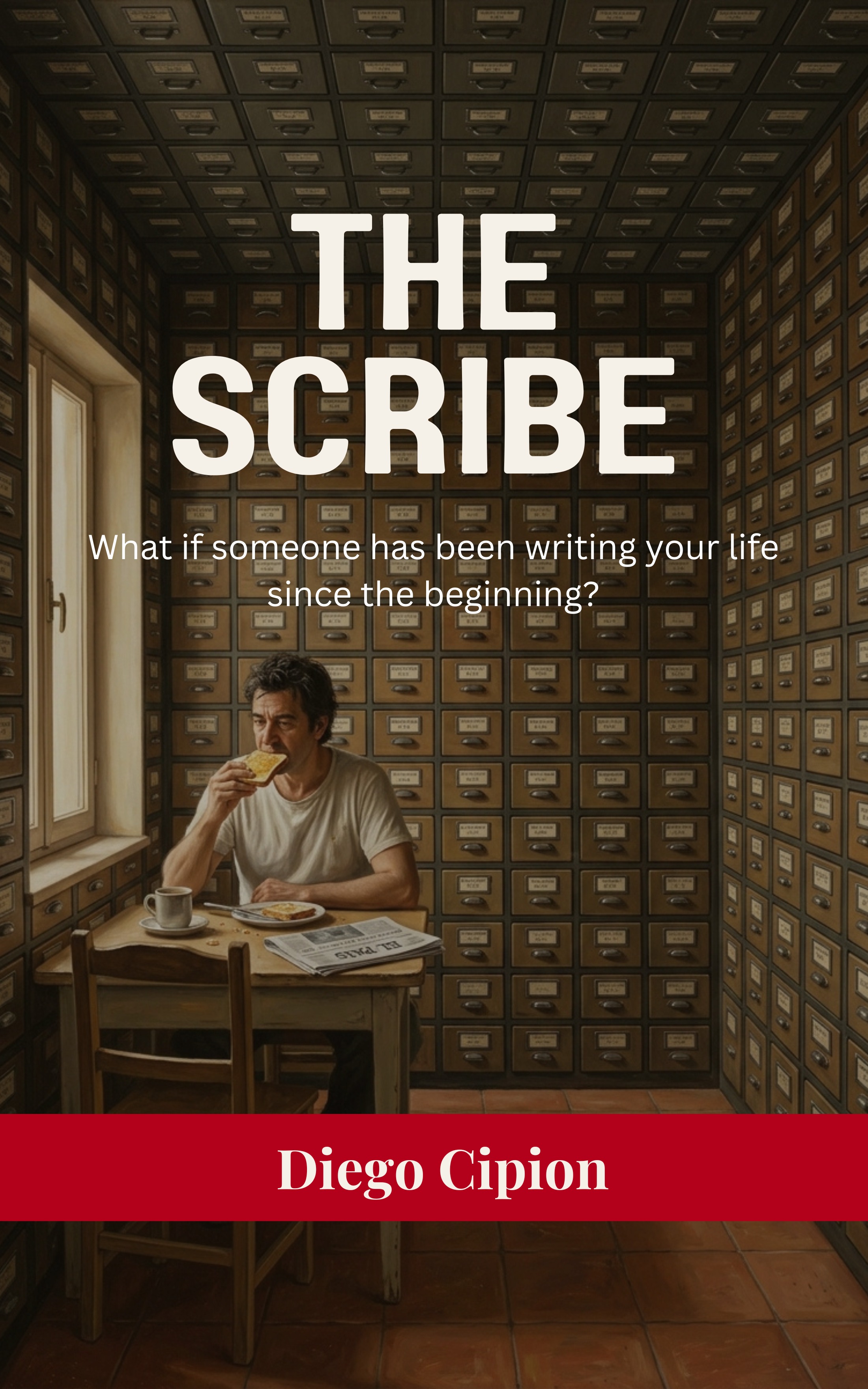 Book cover for 'THE SCRIBE' by Diego Cipion, featuring a man eating toast in a room with walls and ceiling made of countless archive drawers.