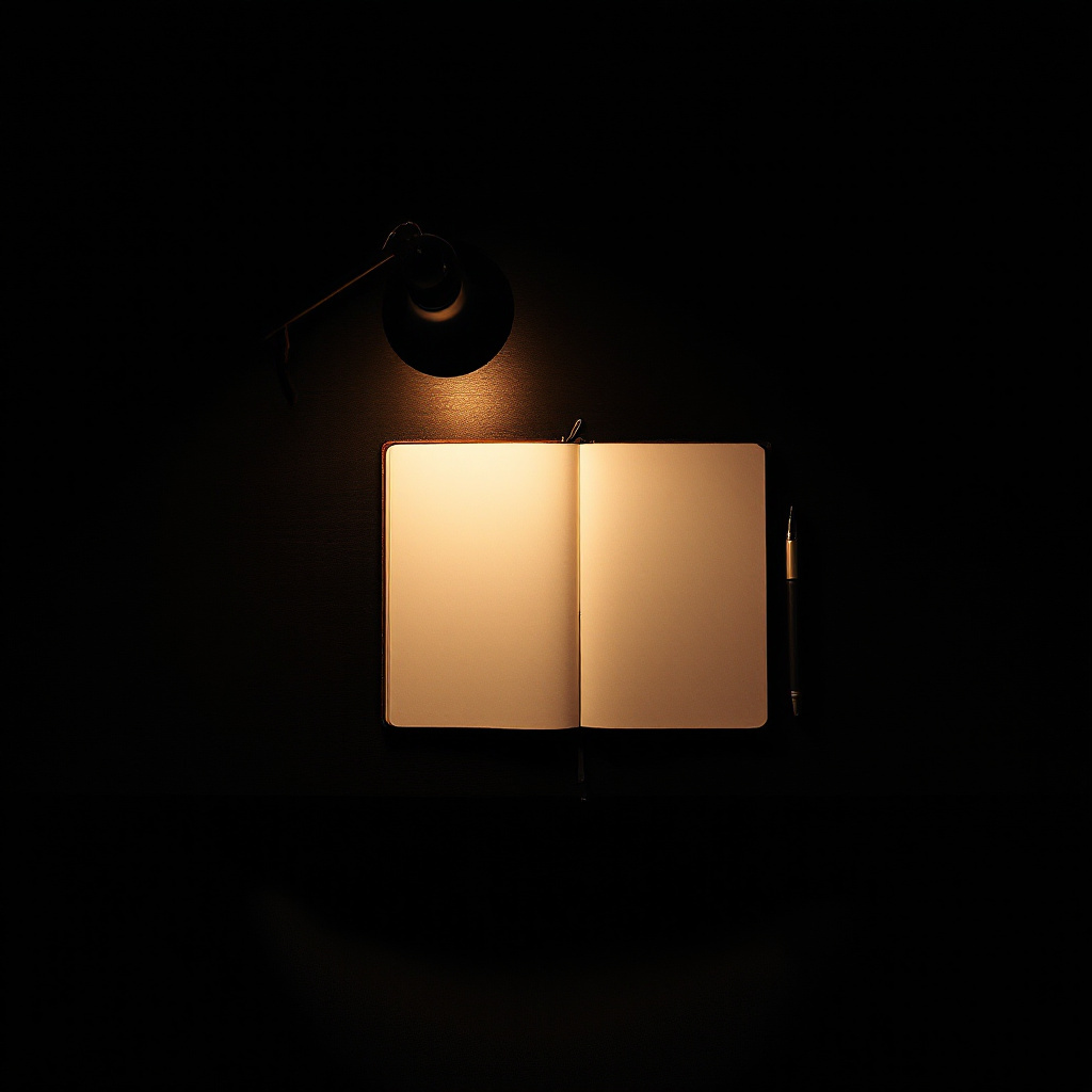 Writer's desk at night, contemplative silence — El Escriba