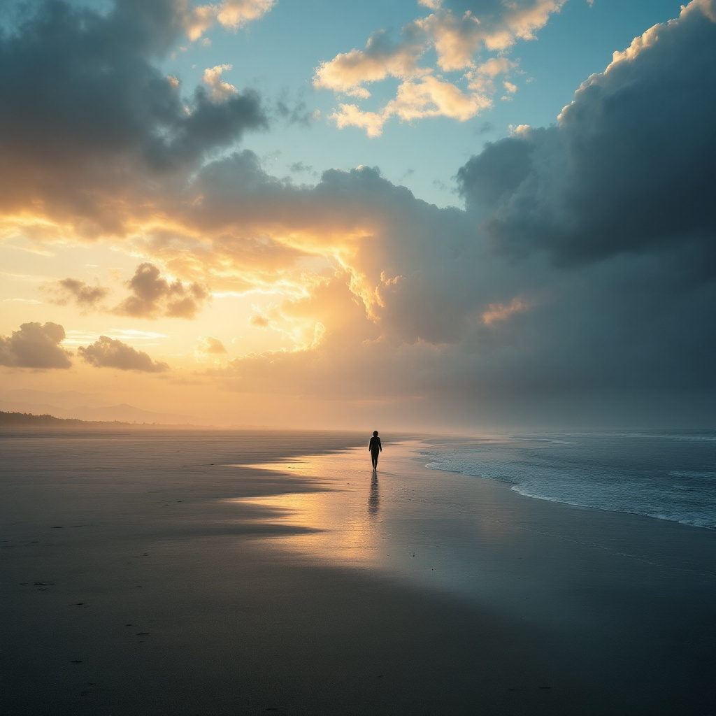 Lone figure on vast beach at dusk — A Line on the Beach